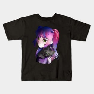 Witch enchantress with purple hair and a black kitten Kids T-Shirt